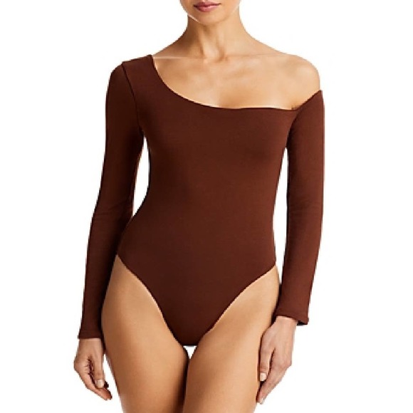 RE ONA WOMEN'S OFF SHOULDER BODYSUIT BASIC TOP CHOCOLATE BROWN - Picture 2 of 8